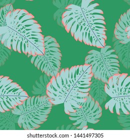Monstera tropical leaves summer endless pattern. Exotic print for swimsuits. Floral seamless pattern.