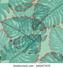 Monstera tropical leaves summer endless pattern. Exotic print for swimsuits. Floral seamless pattern.