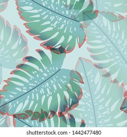 Monstera tropical leaves summer endless pattern. Exotic print for swimsuits. Floral seamless pattern.