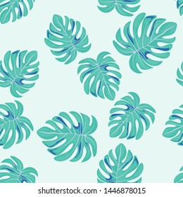 Monstera tropical leaves summer endless pattern. Exotic print for swimsuits. Floral seamless pattern.