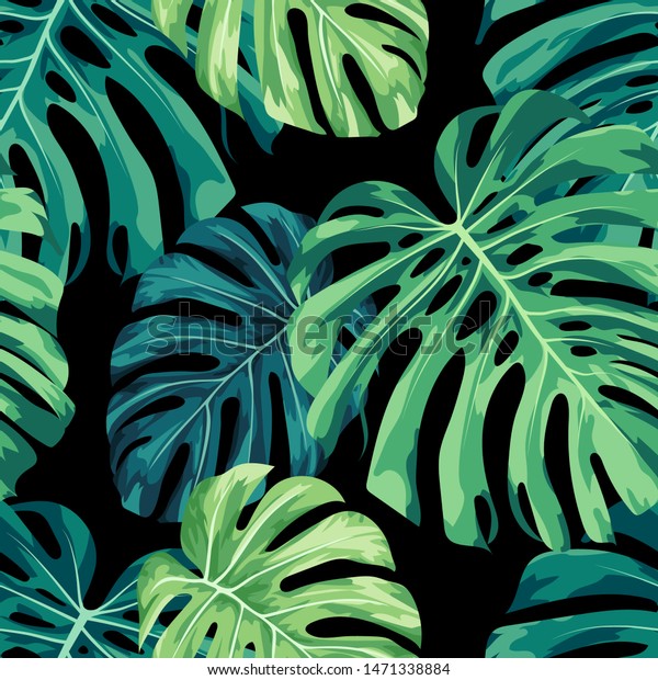 Monstera tropical plant / houseplant design\
featuring large green leaves on a black background. Seamless vector\
repeating pattern.