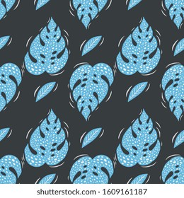 Monstera tropical plant leaf silhouette seamless pattern. Hand drawn vector clip art for fabric, wallpaper design. Palm tree leaves repeating tile. 