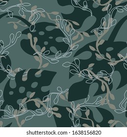 Monstera tropical plant seamless pattern with leaf and vine vector objects. Dark green botanical repeat design for modern trendy fabric or wallpaper.