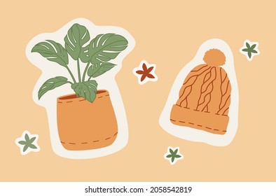 Monstera. Vector. Plant and hat. Set of hygge elements. Warm and cozy icons. Illustration with cute things and objects.