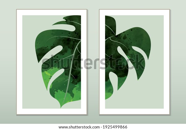 Monstera wall art
decoration with watercolor style, divided by two, for wall decor,
print, cover, and
wallpaper