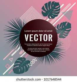 Monstera and washingtonia palm jungle tropical leaves vector geometric shapes party banner design. Palm tree leaves, triangle circle rhombus shapes memphis style summer poster template.