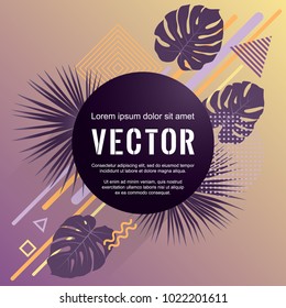 Monstera and washingtonia palm jungle tropical leaves vector geometric shapes bohemian party design. Palm tree leaves, triangle circle rhombus halftone shapes memphis style summer card template.
