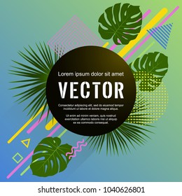 Monstera and washingtonia palm jungle tropical leaves vector geometric shapes glamourous party design. Palm tree leaves, triangle circle rhombus halftone shapes memphis style summer card template.