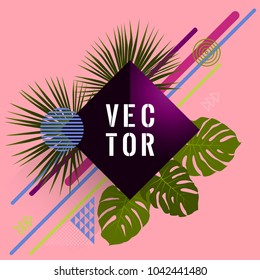 Monstera and washingtonia palm jungle tropical leaves vector geometric shapes party flyer design. Palm tree leaves, triangle circle rhombus shapes memphis style summer banner template.