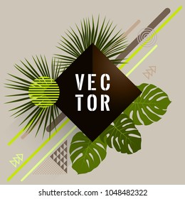 Monstera and washingtonia palm jungle tropical leaves vector geometric shapes fashionable party design. Palm tree leaves, triangle circle rhombus shapes memphis style summer flyer tropical template.
