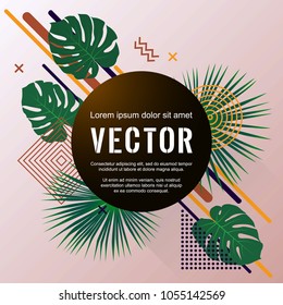 Monstera and washingtonia palm jungle tropical leaves vector geometric shapes tech party design. Palm tree leaves, triangle circle rhombus halftone shapes memphis style summer card template.