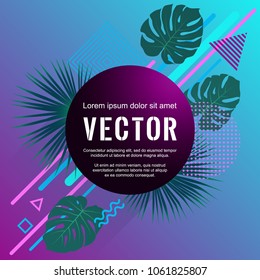 Monstera and washingtonia palm jungle tropical leaves vector geometric shapes festive party design. Palm jungle leaves, triangle circle rhombus shapes memphis style summer flyer template.