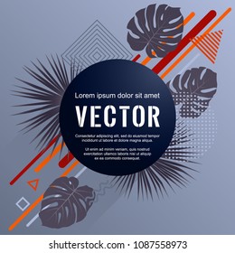 Monstera and washingtonia palm jungle tropical leaves vector geometric shapes party flyer design. Palm tree leaves, triangle circle rhombus shapes memphis style summer poster template.