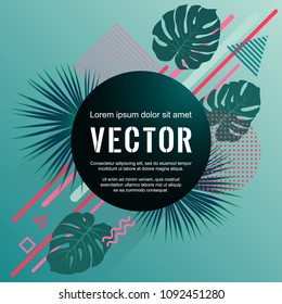 Monstera and washingtonia palm jungle tropical leaves vector geometric shapes cool party design. Jungle leaves, triangle circle rhombus halftone shapes memphis style frame card template.