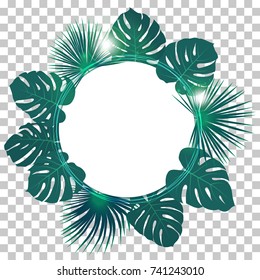 Monstera and washingtonia palm leaf vector frame. Rainforest plant green tropical foliage wreath. Vector frame with Philodendron jungle leaves and washingtonia palm  border illustration on transparent