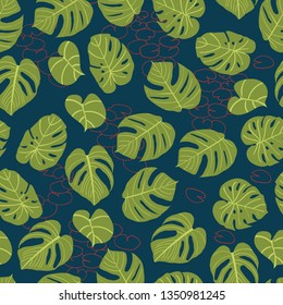 Monstera and Waterlily Leaves Vector Seamless Pattern