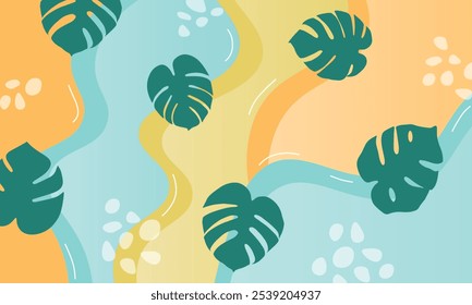 Monstera com fundo de ilustração de forma ondulada. Design moderno tropical. Folhas icônicas de monstros entrelaçadas com formas onduladas dinâmicas, criando uma estética tropical cativante.