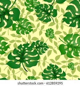 Monstera.Bright seamless pattern with green tropical leaves  on a light background background.Summer vector illustration with exotic plants.Print for book covers, textile,fabric,wrapping gift paper