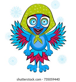 Monster-bird with horns, big eyes, teeth and handkerchief on his head. Cartoon flat style vector illustration.