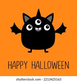 Monsterblack silhouette. Happy Halloween. Cute Funny Kawaii cartoon baby character. Eyes, teeth, hands, wing horn. Smiling face. Sticker print. Boo. Flat design. Orange background Vector illustration