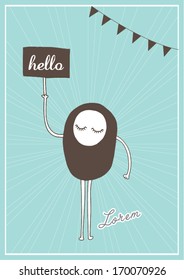 monster/creature holding hello sign poster template vector/illustration /background/ greeting card