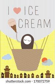 monster/creature holding ice cream on hot air balloon poster template vector/illustration / background/ greeting card