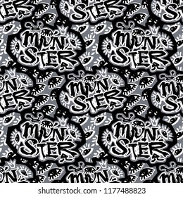 Monsterfunky seamless rough grunge pattern, modern design template.Trendy painted style texture, poster with different doodle elements.Urban bright youth textiles sample
