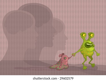 Monsters or aliens on an background with human heads.