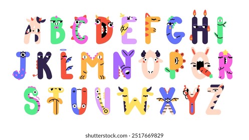 Monsters alphabet set. Cute English ABC with dinosaur figures. Funny letters of kids font. Script with animal shapes. Elementary education. Flat isolated vector illustrations on white background