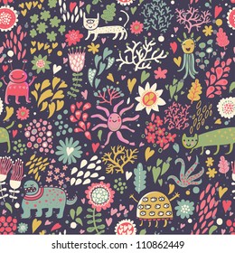 Monsters are around us. Fantastic seamless pattern for children wallpapers or other designs.