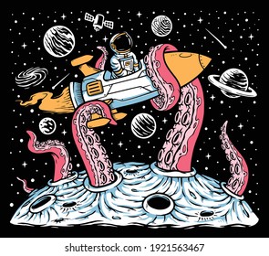 Monsters attack astronaut rocket in space illustration