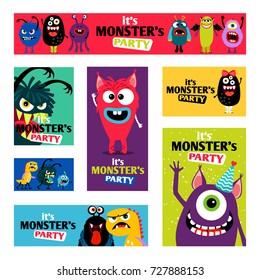 Monsters Banners set or Monster labels for kids diary design vector illustration