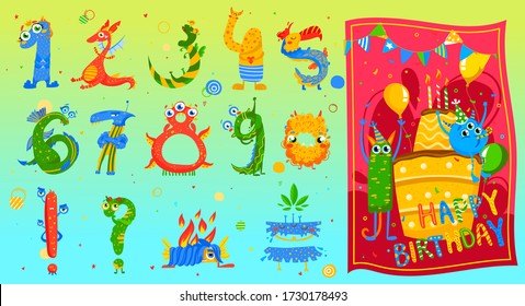 Monsters beasts characters numbers set icons, cute monstrosity creatures for kids happy birthday card cartoon vector illustration. Colorful monsterious creatures in form of numbers and birthday cake.