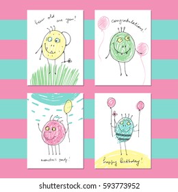 Monsters birthday cards set