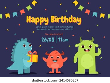 Monsters birthday party. Fantasy and imaginations. Spooky and bizzare devils and demons with gift box. Greeting and invitation postcard. Annual holiday. Cartoon flat vector illustration