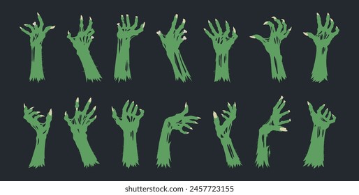 Monsters bony green hands. Halloween scrawny zombie arms, horror zombie hands flat vector illustration set. Spooky living dead creepy hands