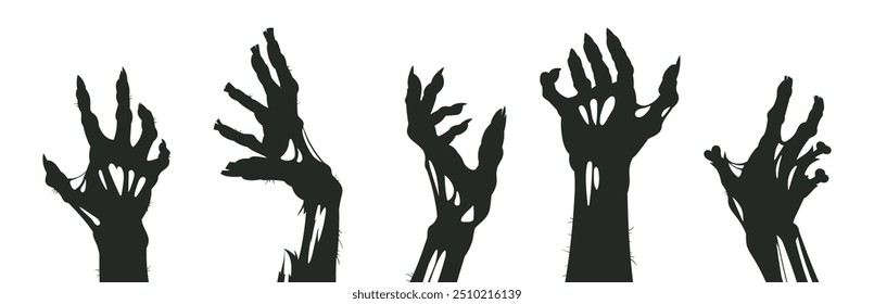 Siluetas de manos huesudas de monstruos. Brazos de zombie de Halloween, manos de zombie flacas de horror conjunto de Ilustración vectorial plana. Dibujos animados de espeluznantes manos muertas vivientes espeluznantes