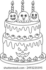 Pastel de monstruos de Halloween, colorante de alimentos. Página para colorear esquema de Halloween