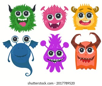 Monsters Cartoon. Funny Cute Little Monster Set. Vector