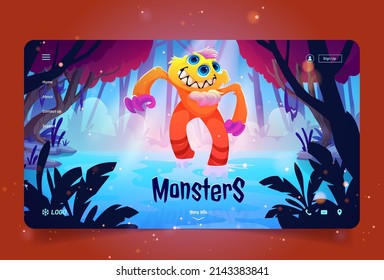 Monsters cartoon landing page, strange funny animal, smiling toothed fantasy character with three eyes and long arms stand at water pond at alien forest landscape, spooky creature, Vector web banner