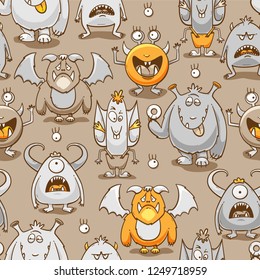 Monsters cartoon seamless pattern, vector illustration with different emotions
