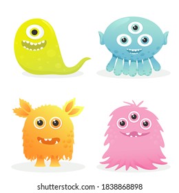 Monsters character set. Monster colorful round silhouette icon set. Eyes, tongue, tooth canine, hands up. Cartoon monsters on white background. Vector illustration