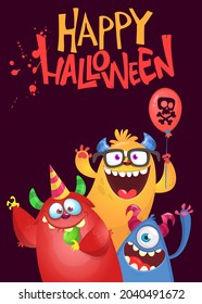 Сartoon monsters characters. Illustration of happy scary smiling alien creatures for Halloween party. Package, poster or greeting invitation design. Vector isolated