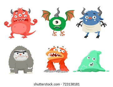 Monsters Characters Set Cartoon Style Vector Illustration