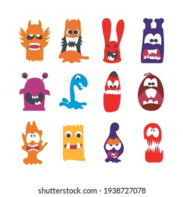 Monsters characters set flat with fun cheerful furious scary angry creatures isolated vector illustration