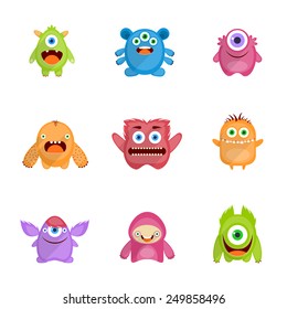 Monsters characters set flat with fun cheerful furious scary angry creatures isolated vector illustration