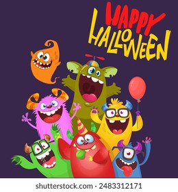 Сartoon monsters characters set. Illustration of happy scary smiling alien creatures for Halloween party. Package, poster or greeting invitation design. Vector.