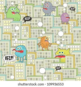 Monsters in the city seamless texture. Vector pattern.