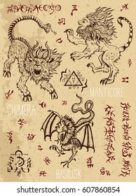 Monsters collection with occult and mystic symbols. Hand drawn engraved vector illustration. There is no foreign text in the image, all symbols are imaginary and fantasy ones. 