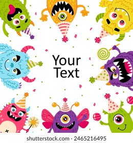 Monsters with confetti in flat style. Postcard, poster, banner with kids cartoon characters. Festive background.